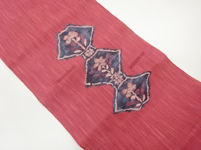 Nagoya obi with woven gauze tsumugi, tortoiseshell and abstract flower and leaf